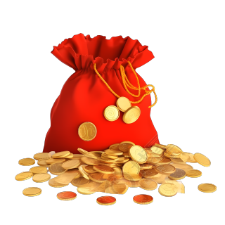 红钱袋和几枚金币PNG图素材