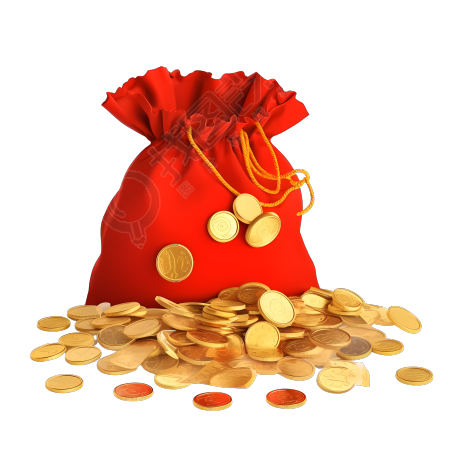 红钱袋和几枚金币PNG图素材