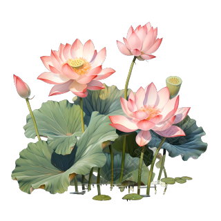 苏州园林风格粉绿色莲花插画设计