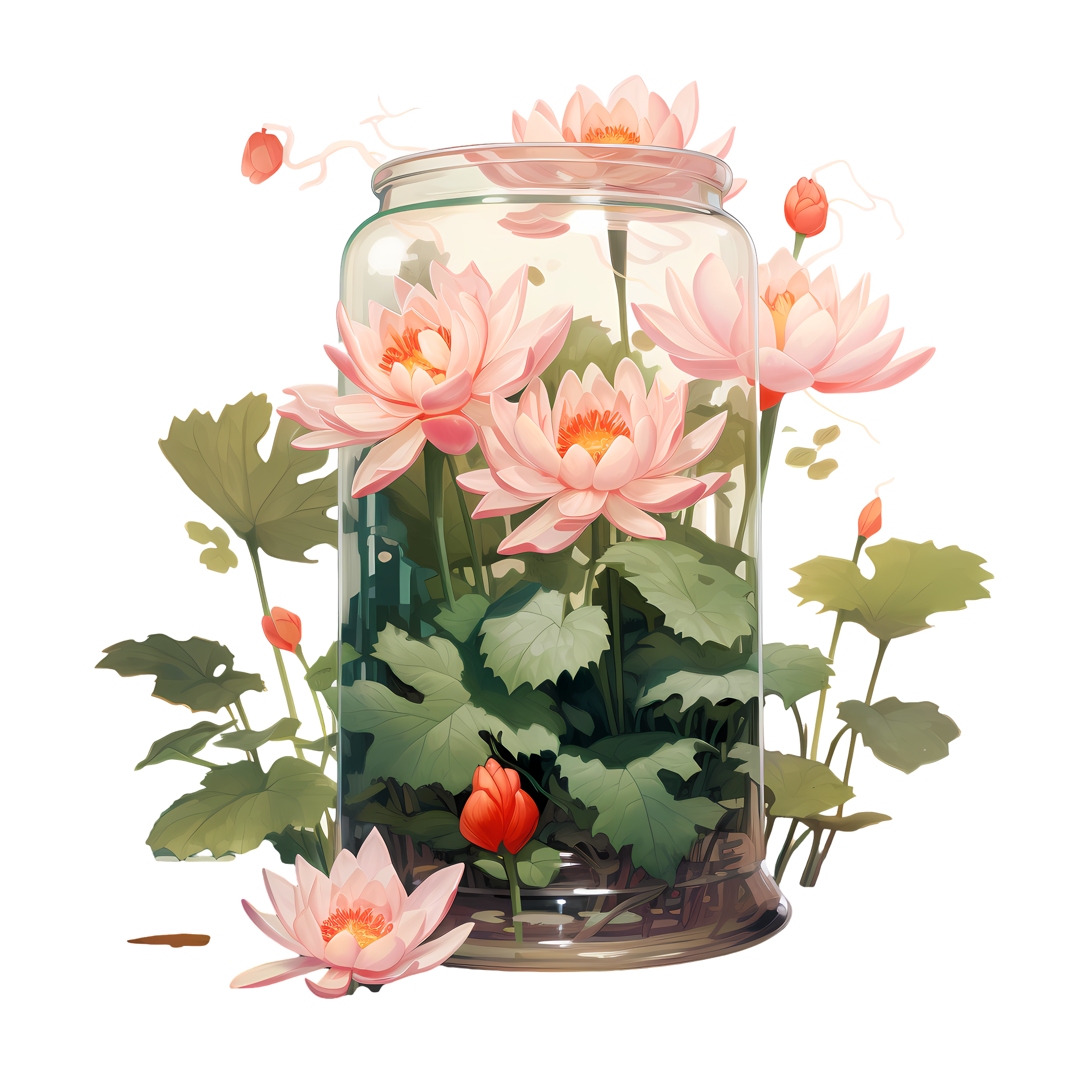 迷人角色插画风格的瓶中莲花画元素