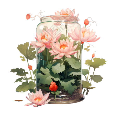 迷人角色插画风格的瓶中莲花画元素