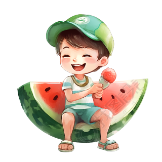 吃冰激凌的男孩插画设计素材
