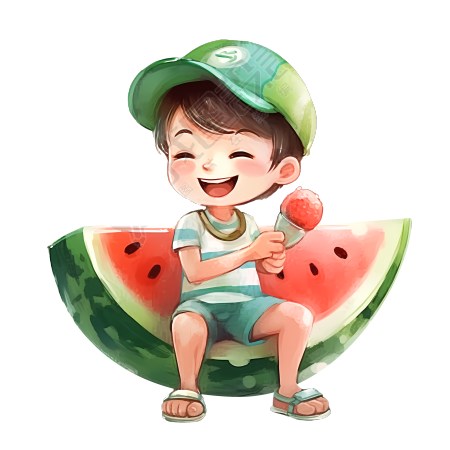 吃冰激凌的男孩插画设计素材