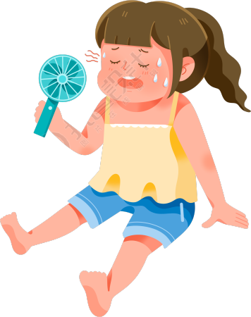 三伏天吹风扇的女生插画