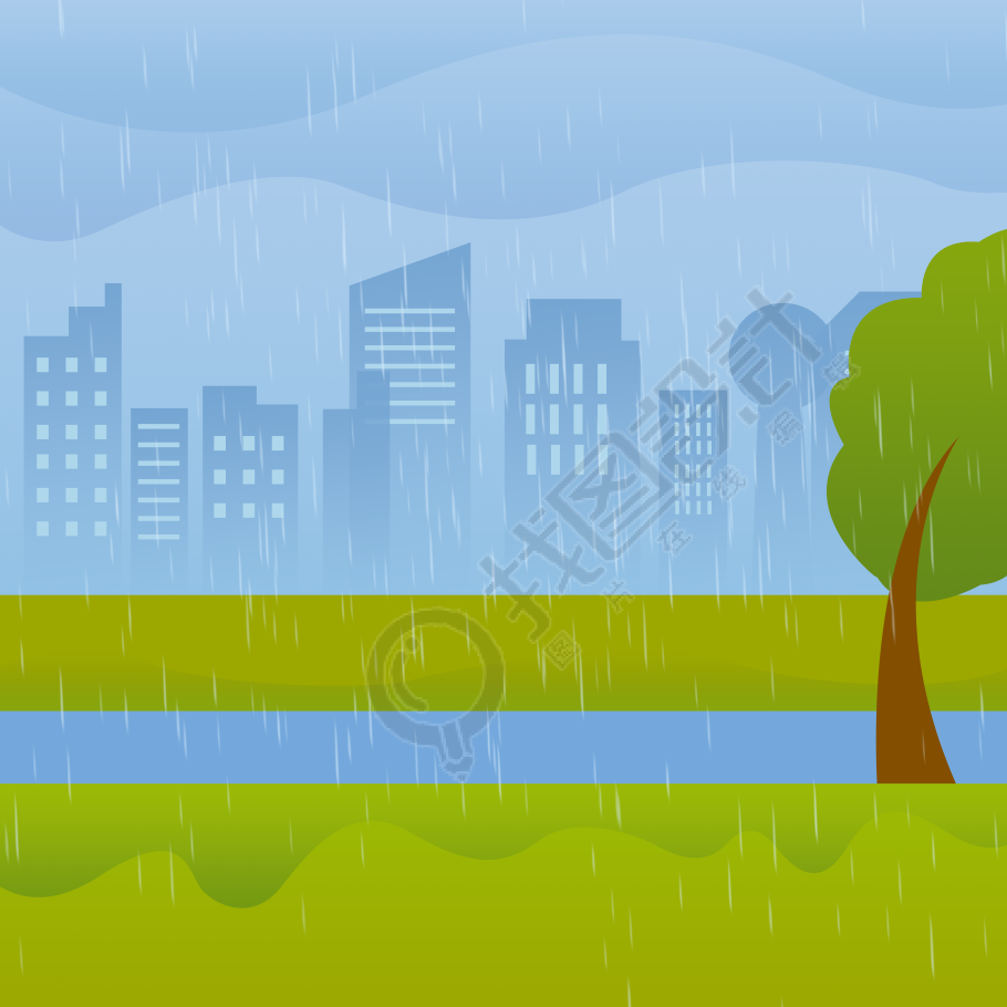 城市夏季大暴雨场景插画