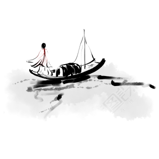 水墨画湖泊小船诗人插画素材