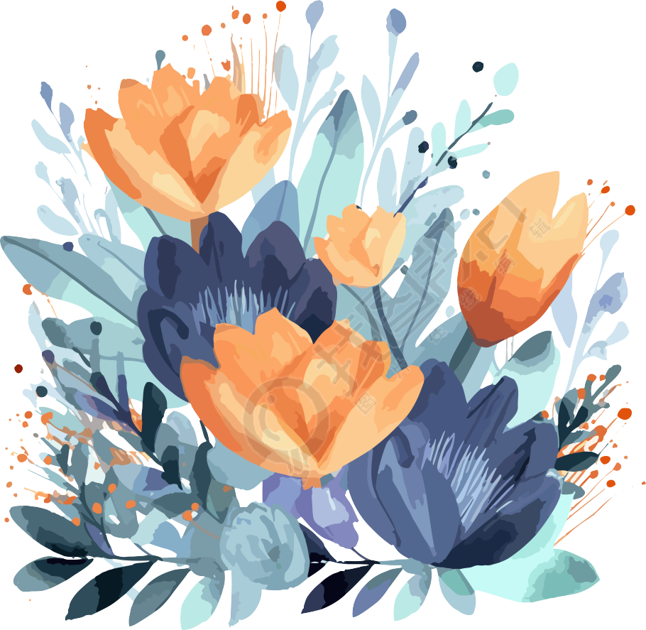 暗天蓝与浅橙色水彩花卉图案PNG剪贴画