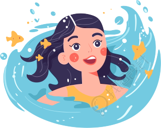白底扁平插画：女孩游泳