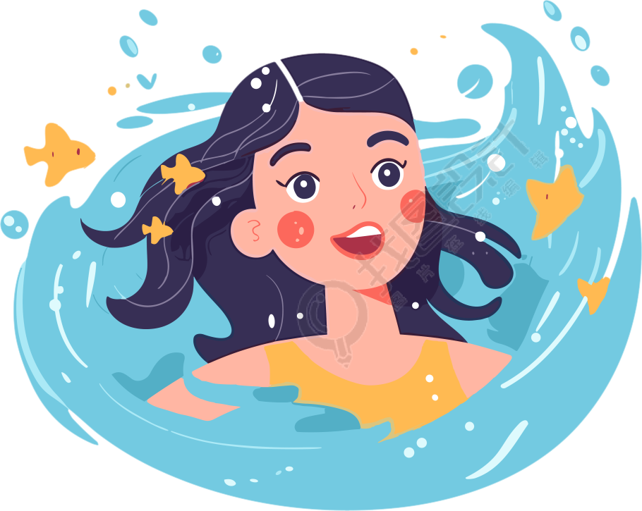白底扁平插画：女孩游泳