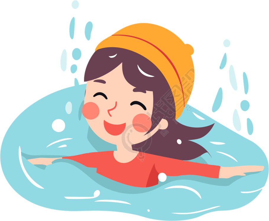 清新插画设计，白色背景下的女孩游泳