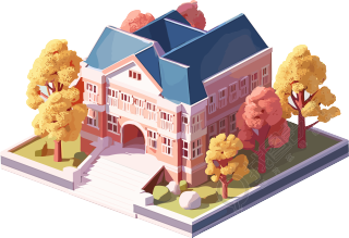 动态插画素材植物的等距学校建筑