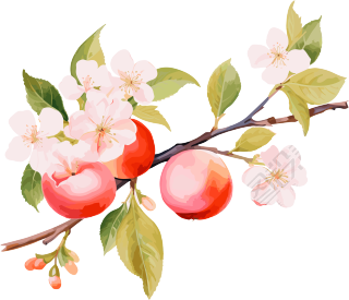 粉橙色苹果树分支花朵与苹果PNG图形素材