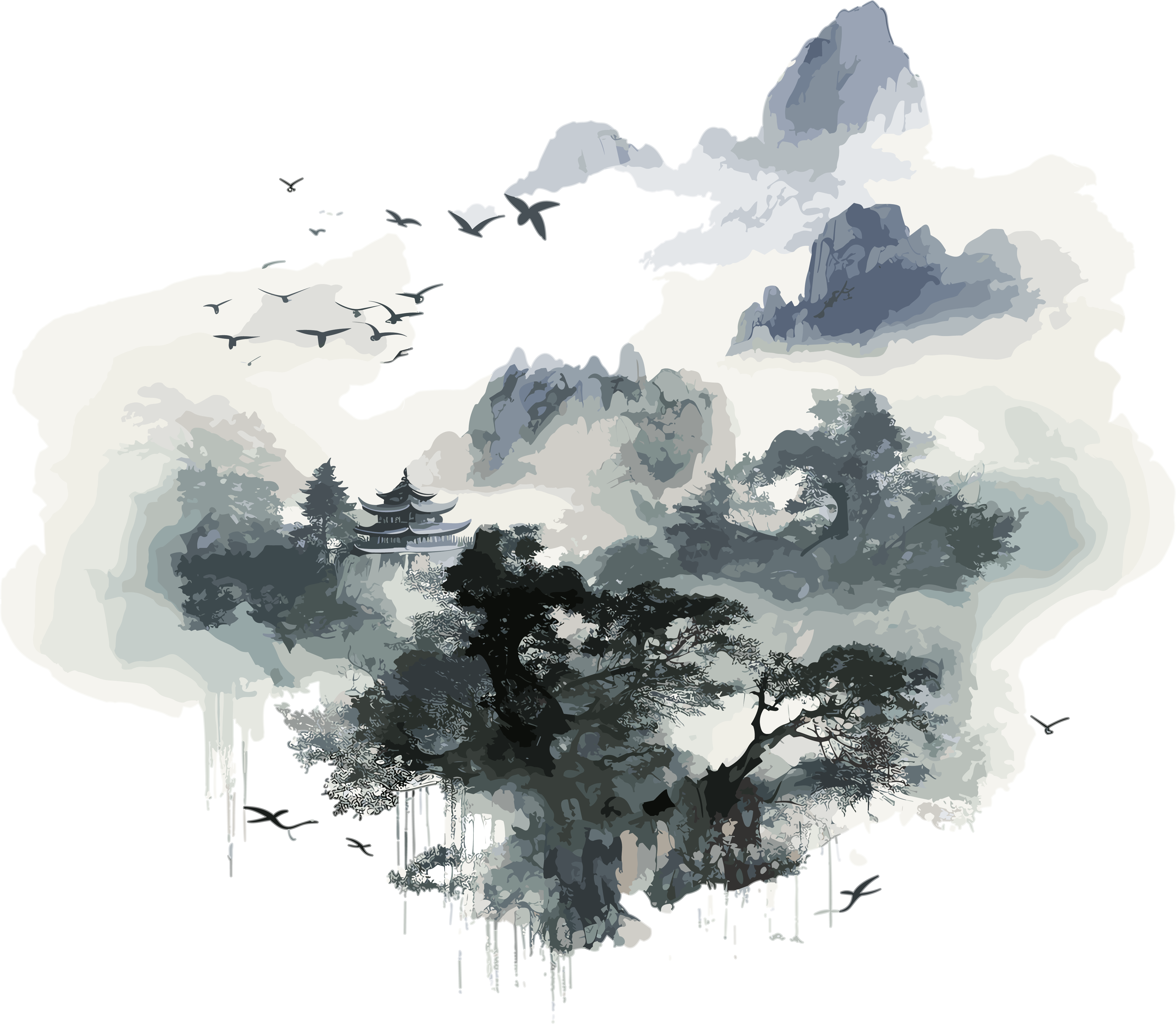 中国自然灵感的水墨山水画图像艺术