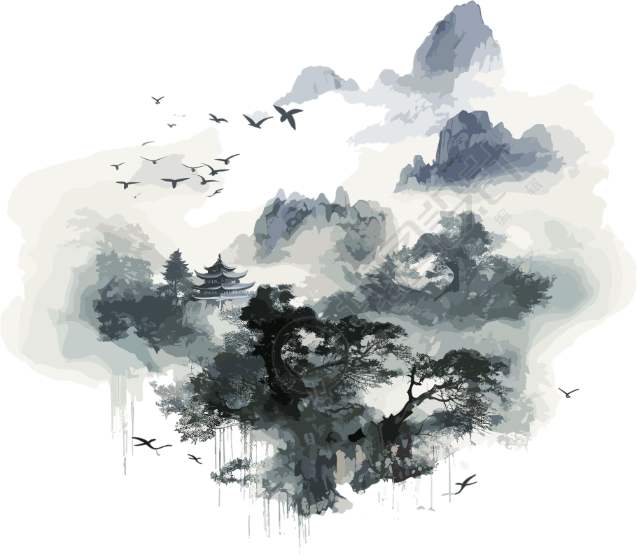 中国自然灵感的水墨山水画图像艺术