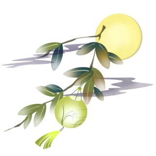 手绘国风中元节月亮绿色灯笼插画