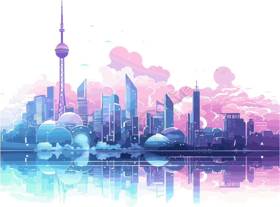 紫蓝色城市天际线图形素材