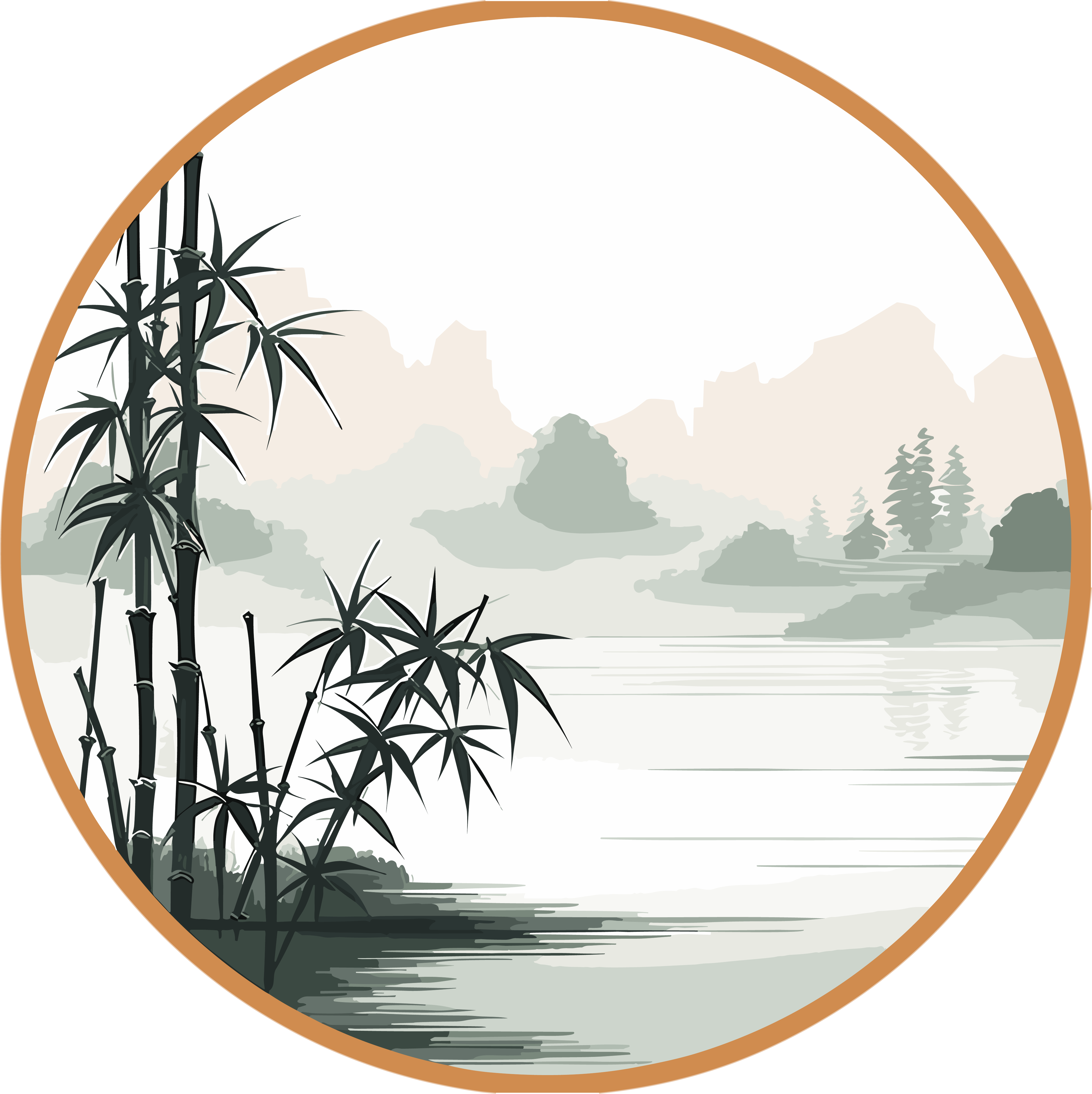 镜像效果的竹风景插画