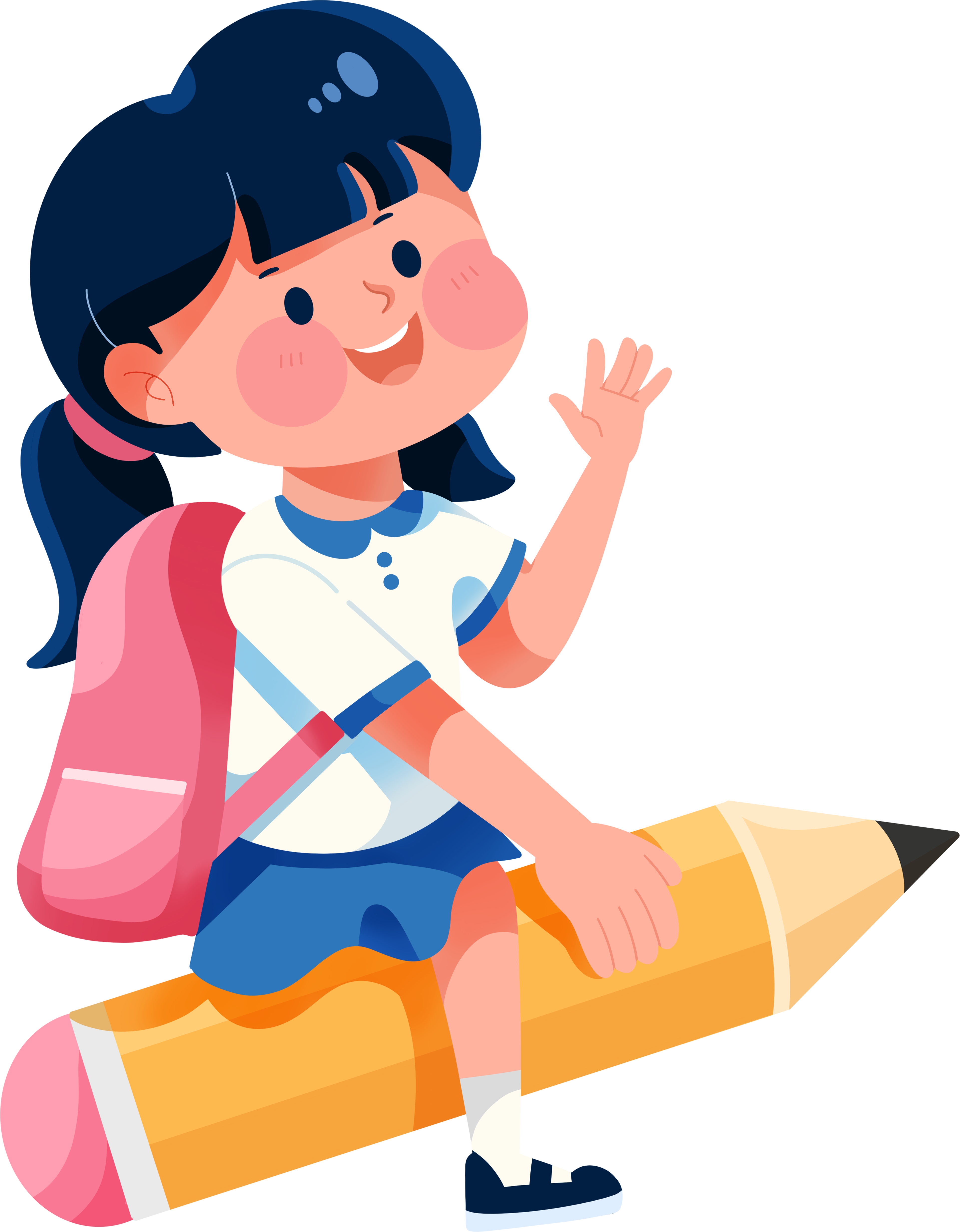 手绘坐在铅笔上的女学生插画素材