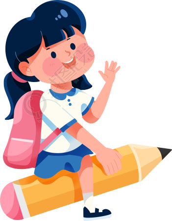 手绘坐在铅笔上的女学生插画素材
