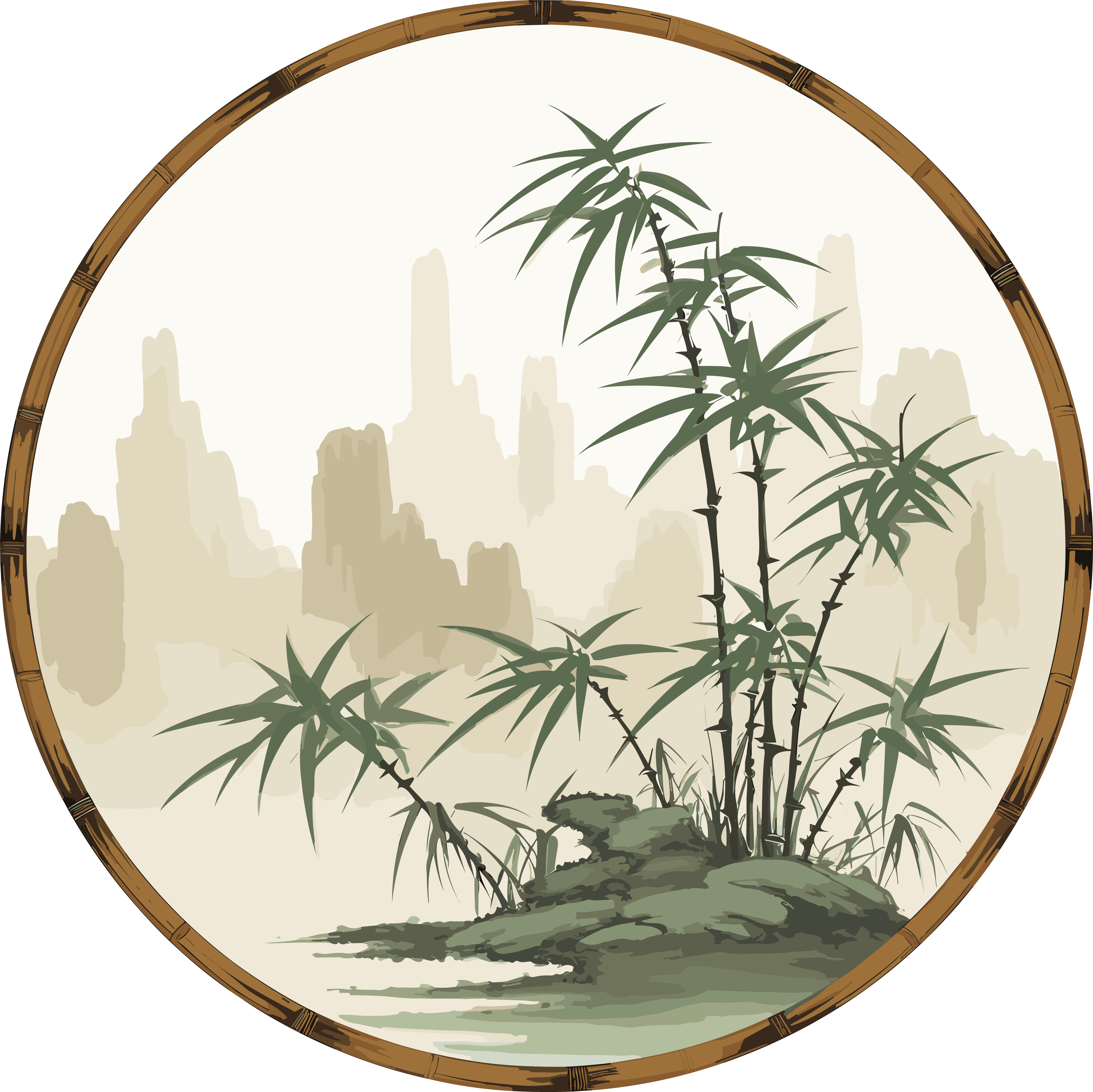 中国画风格插画：竹林山水