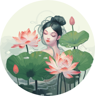 水莲花圆形纸质绘画