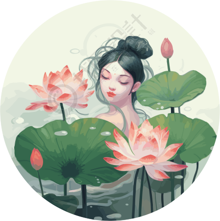 水莲花圆形纸质绘画
