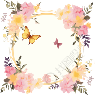 可商用花束与蝴蝶框架手绘插画