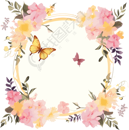 可商用花束与蝴蝶框架手绘插画