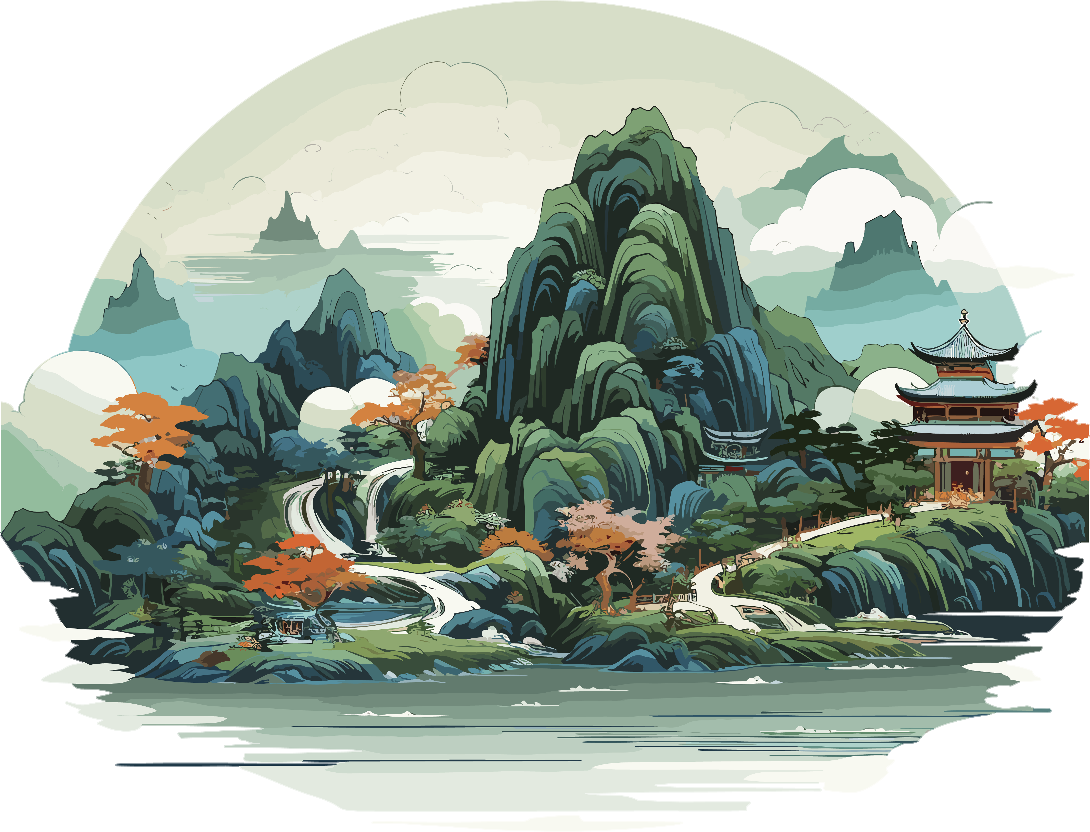 精美的中国风山水插画