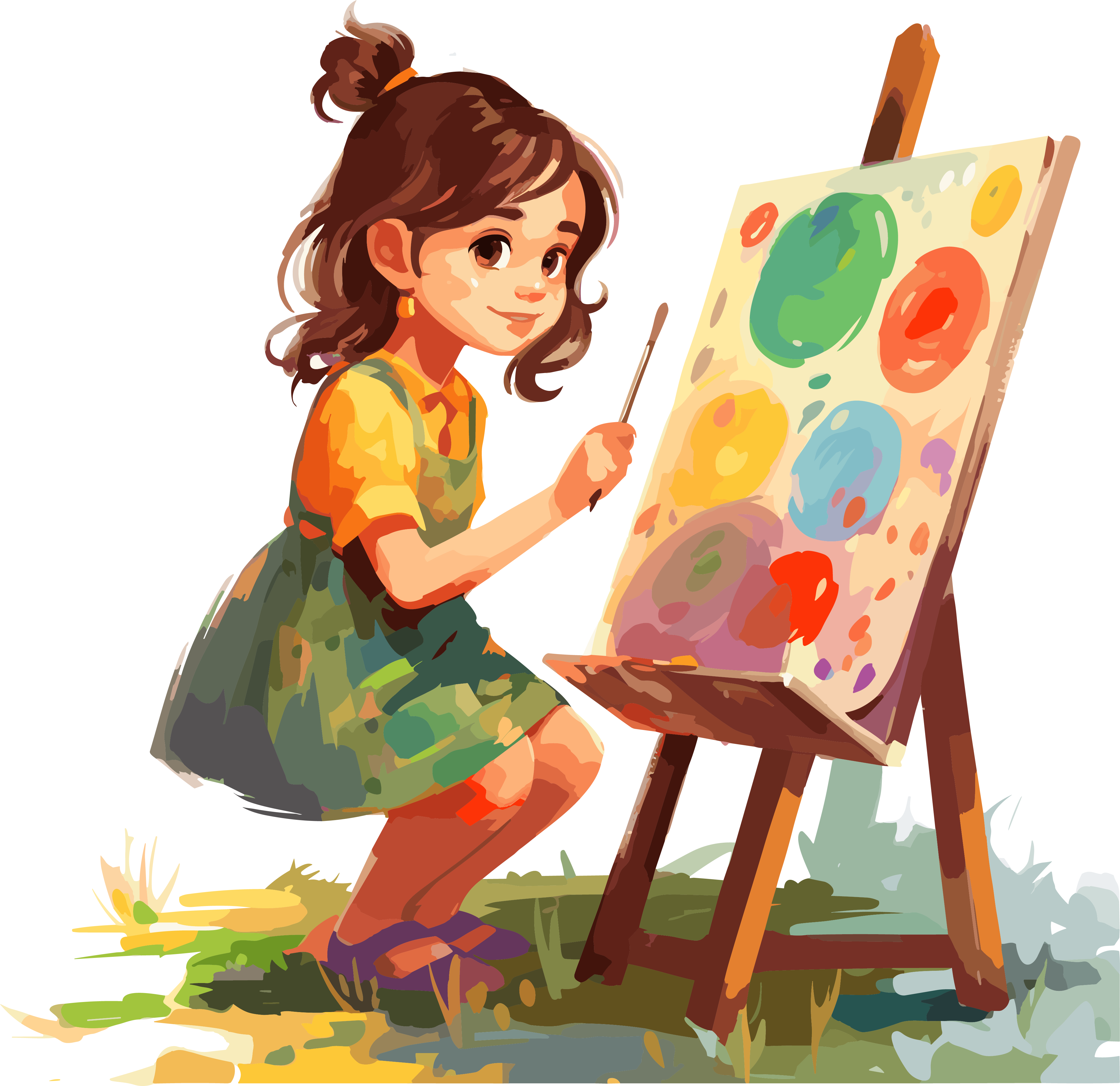 小女孩绘画彩色插画设计元素