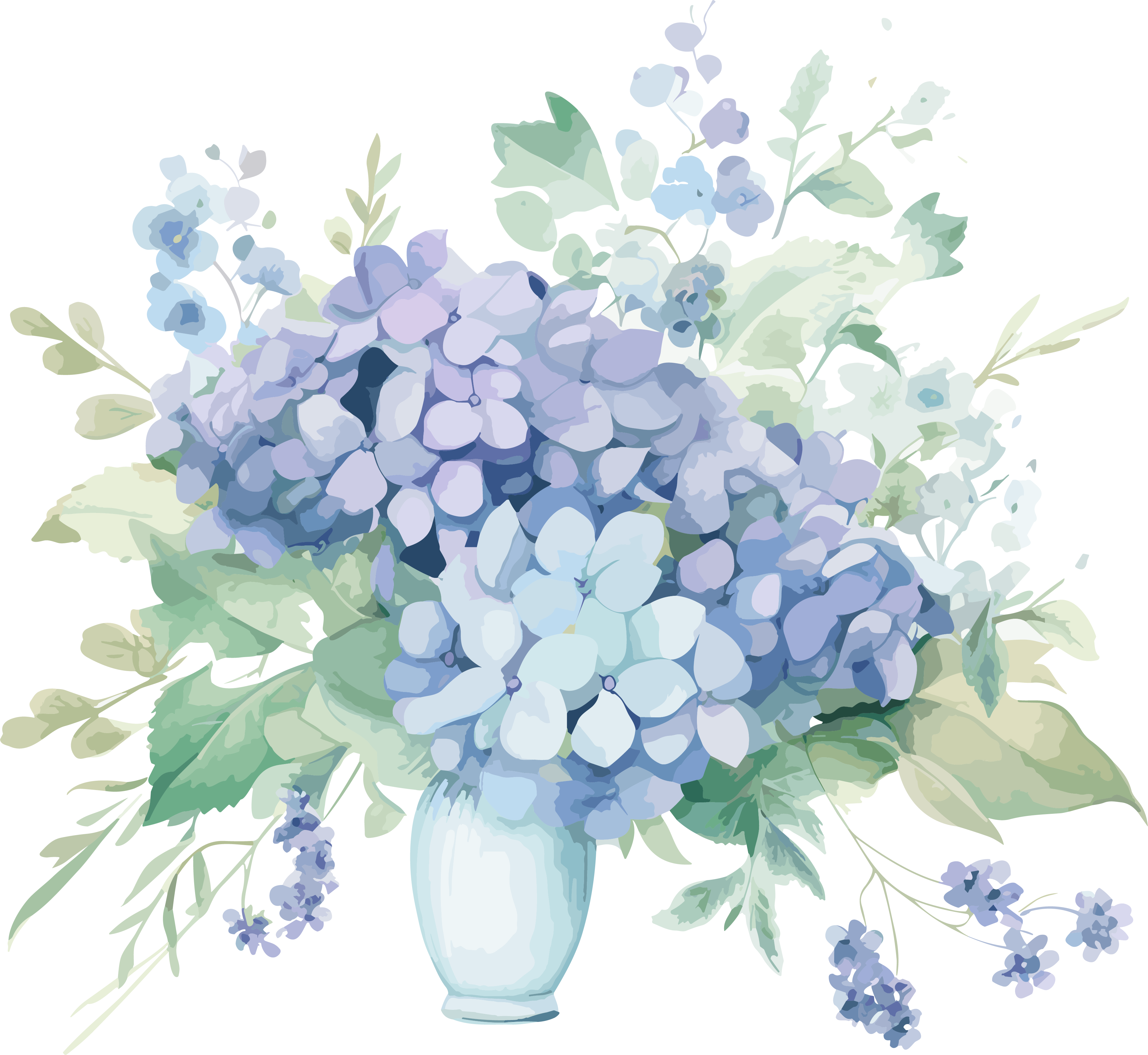 水彩风格的蓝花插花PNG插画