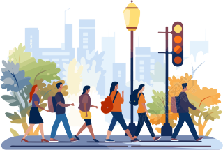 路人走在街上经过交通信号灯的插图