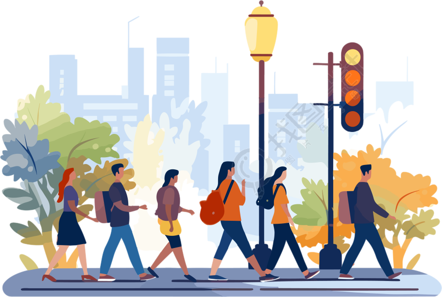 路人走在街上经过交通信号灯的插图