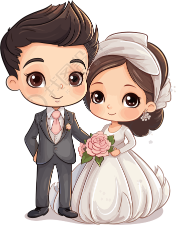 可爱新婚夫妇婚纱插画