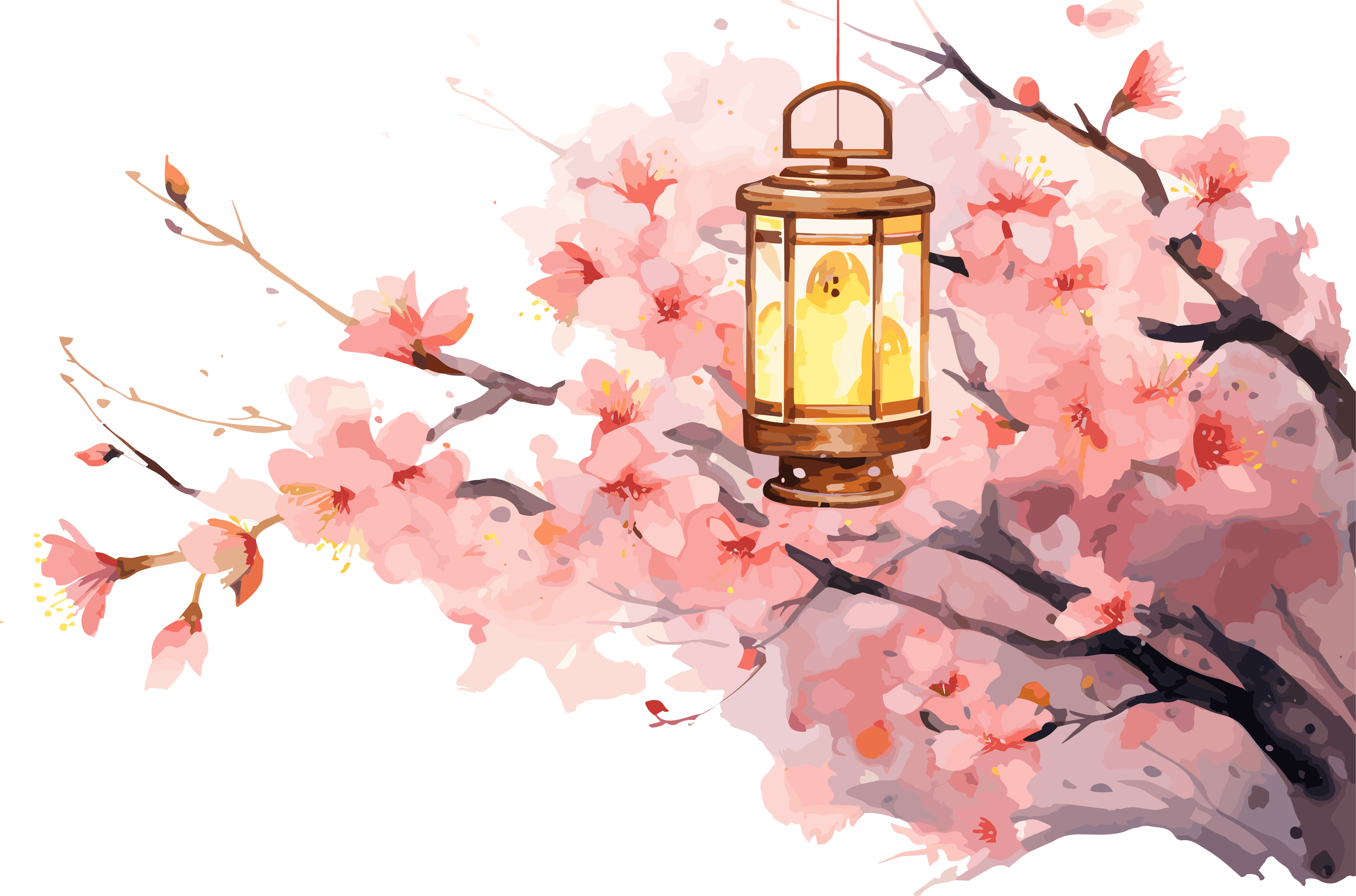日本风水彩背景插画 - 樱花与灯笼