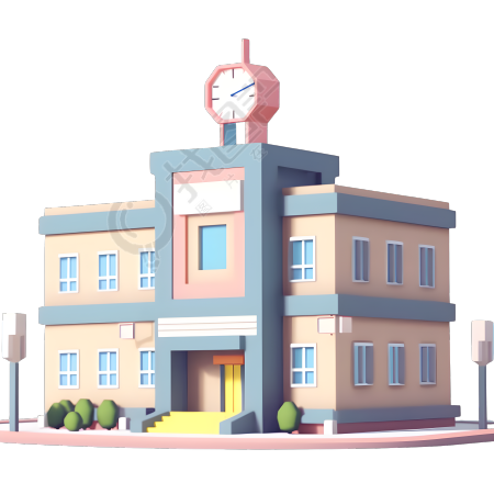 高清3D校园建筑带时钟PNG元素