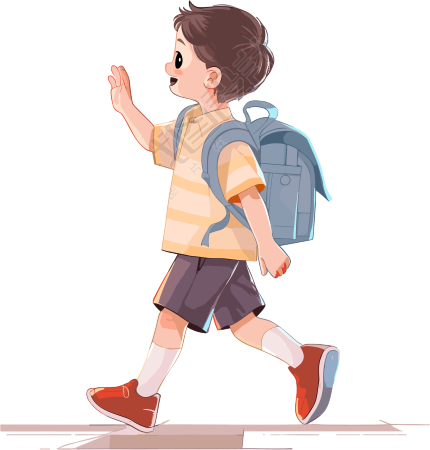 年幼男孩背着书包走向学校可爱插画素材