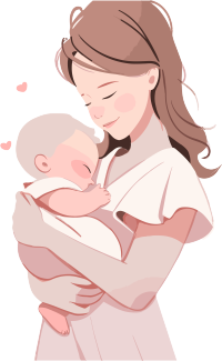母亲手持鲜花和树叶的婴儿插画设计