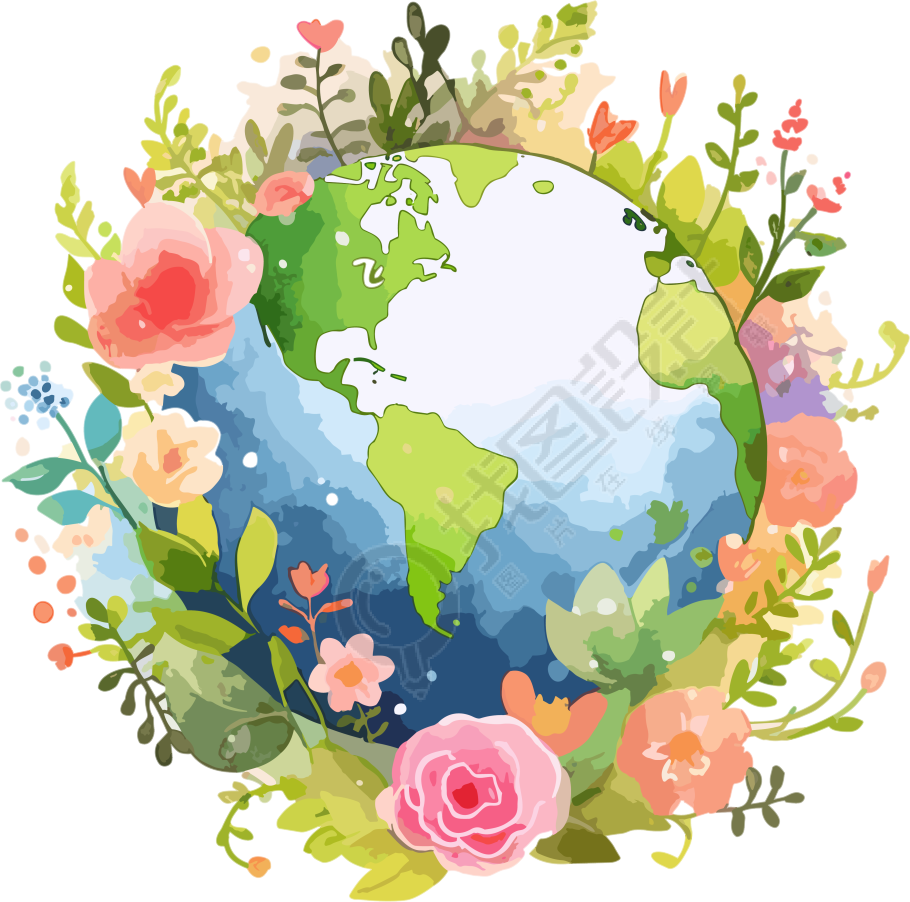 水彩花卉地球插画