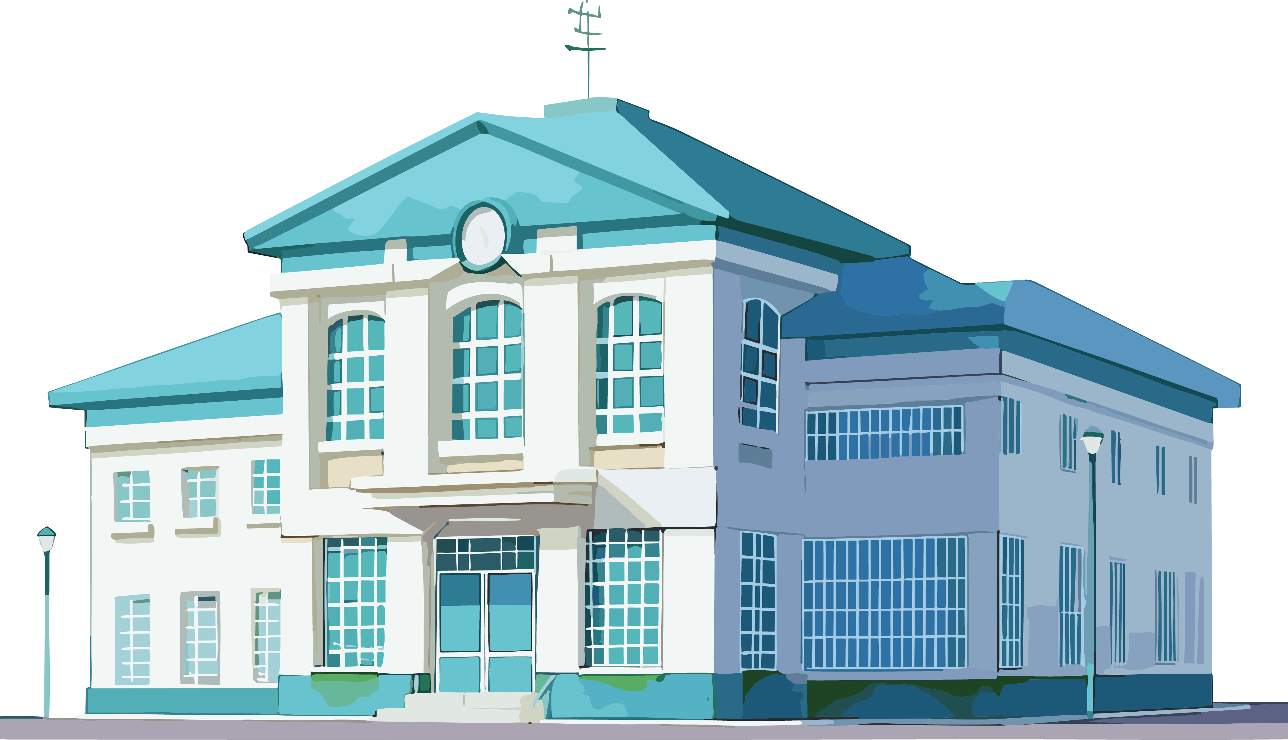 清新风格的蓝色学校建筑插画