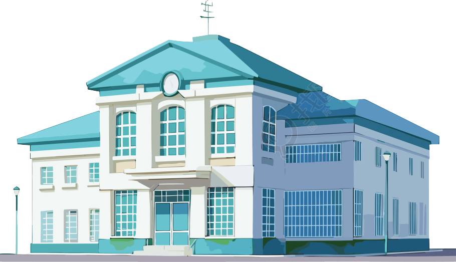 清新风格的蓝色学校建筑插画