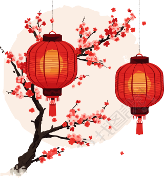 东方樱花树灯笼插画设计元素