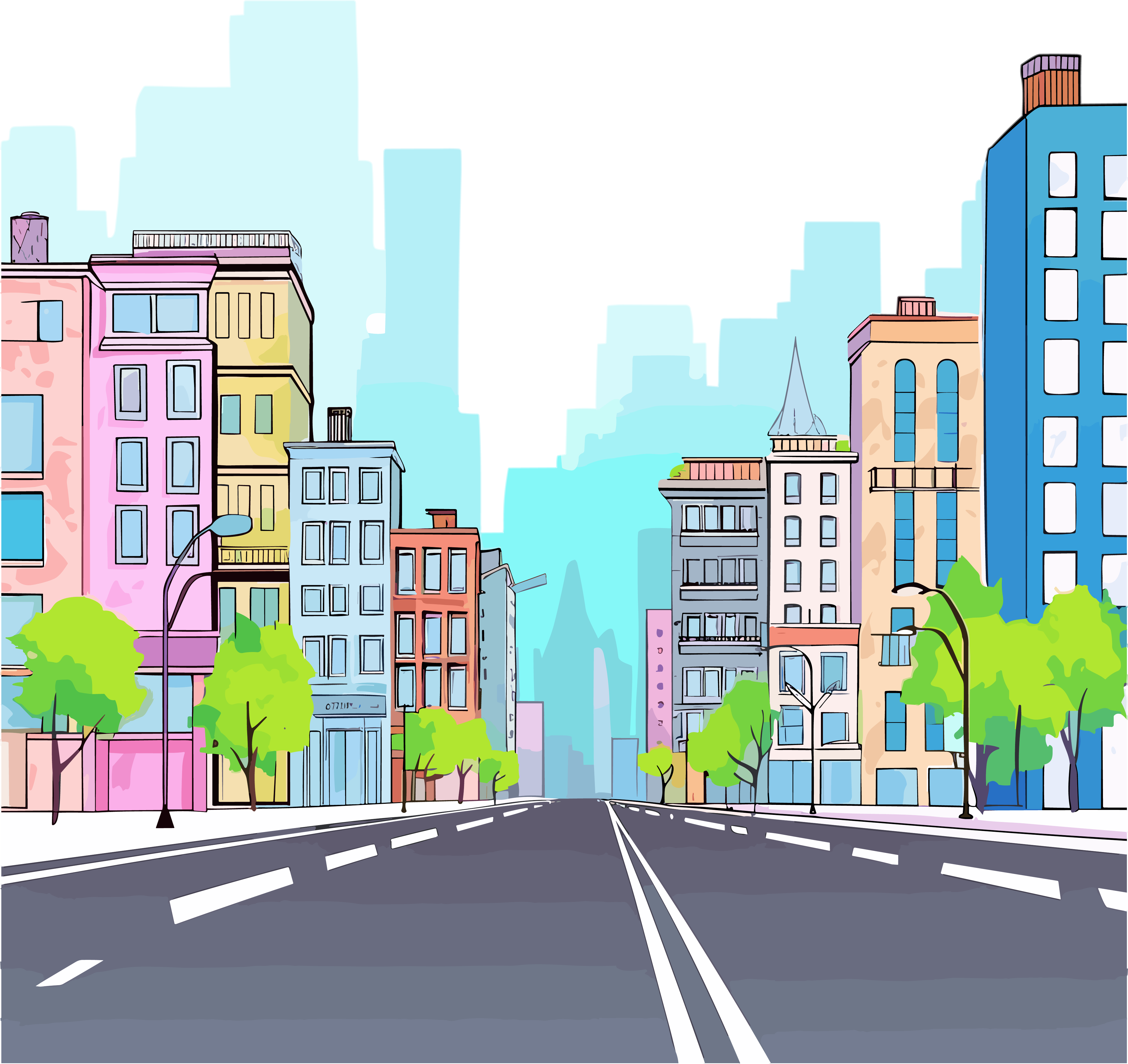 手绘风城市街道透明背景插画