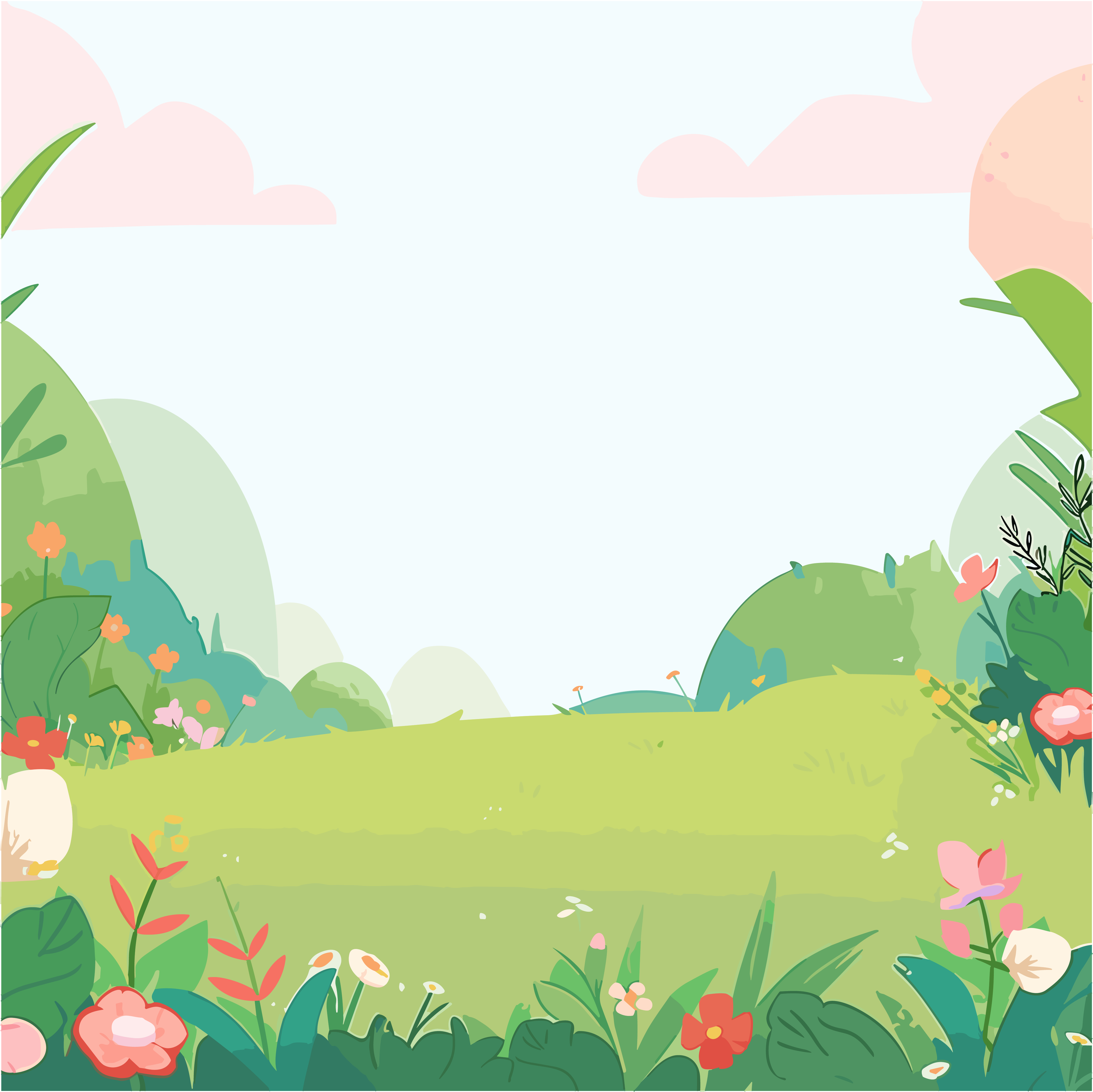 夏日景色清新草地手绘插画