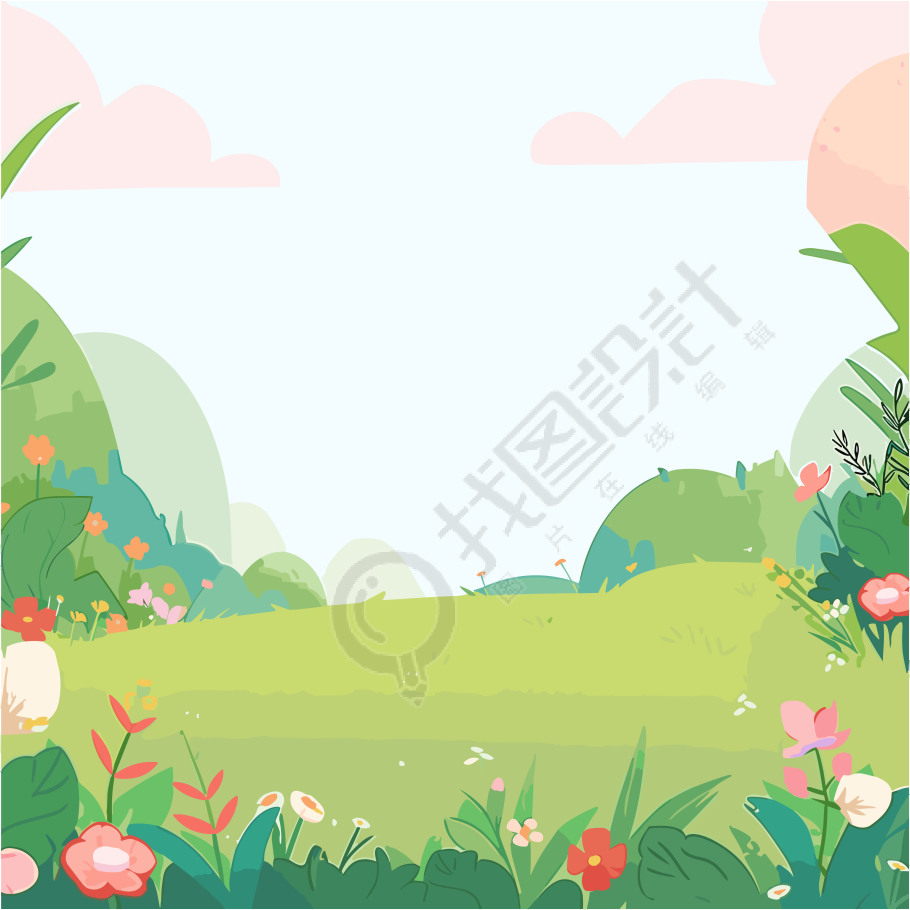 夏日景色清新草地手绘插画
