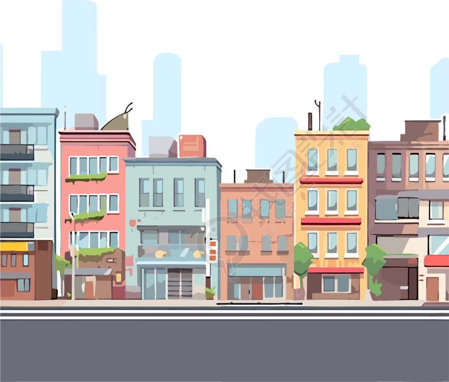 城市街道手绘插画素材