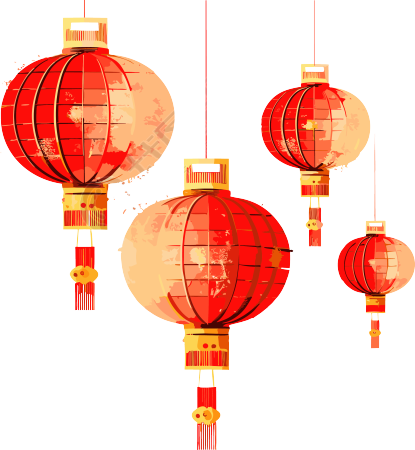 怀旧插画风格的红金灯笼图片素材