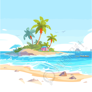 手绘插画海滨风景商用素材