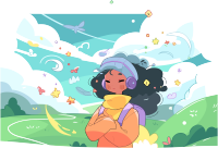 手绘平面风格小女孩透明背景卡通插画素材