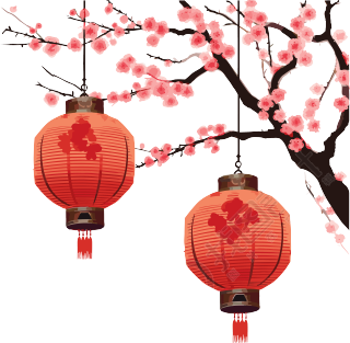亚洲树上挂着两个红灯笼的图形插画元素